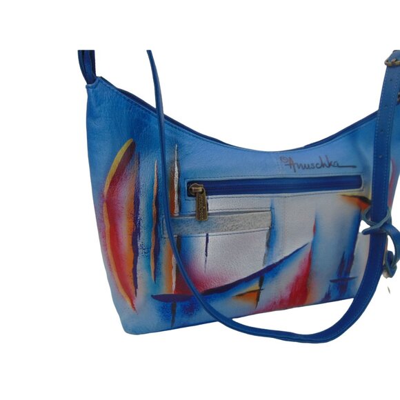 Anuschka Leather Abstract Lines Shoulder Hobo Purse Handbag Shimmer  Blue Pink - Picture 4 of 16